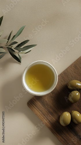 Olive Oil in a Bowl With Green Olives on a Wooden Board and Olive Leaves Nearby on a Light Background
