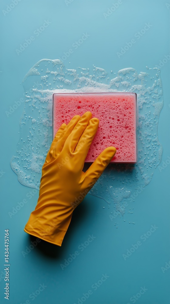 Hand in Yellow Glove Cleaning With Pink Sponge on Blue Background During Household Chores
