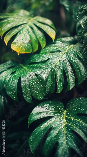 Obraz na płótnie Lush Green Foliage With Droplets of Water on Leaves in a Tropical Setting w salonie