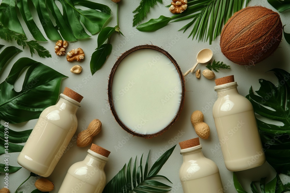 Coconut Milk Surrounded by Fresh Ingredients, Enhancing the Natural Culinary Experience in Vibrant Decor