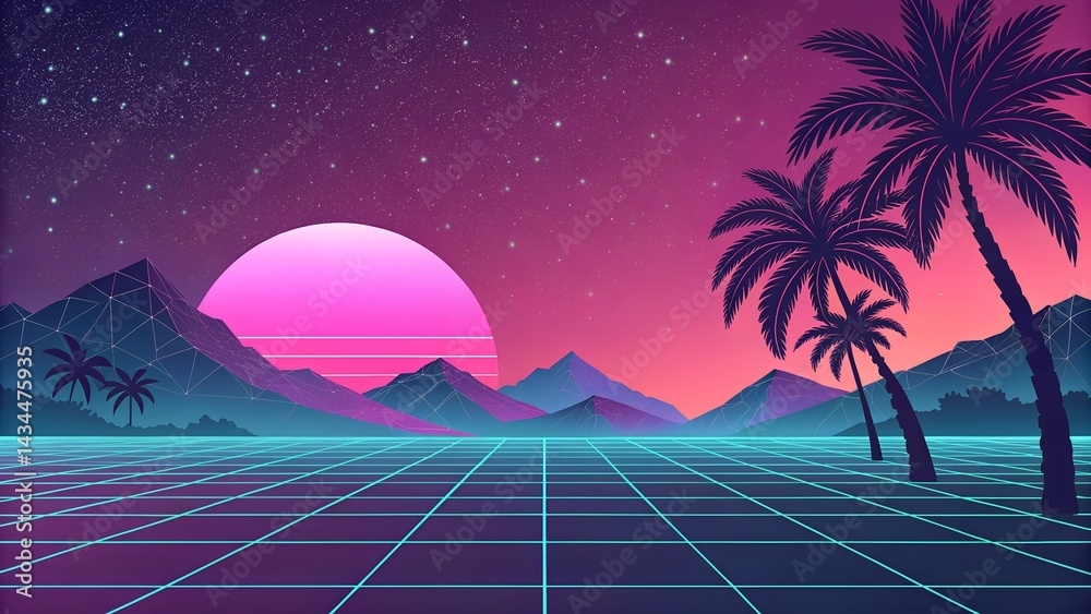 Naklejka premium Sunset over the tropical beach with palm trees and ocean waves