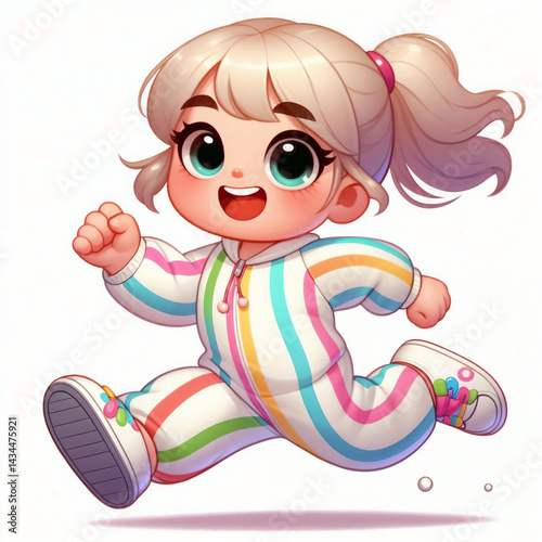 Cheerful girl running in colorful pajama against white background  