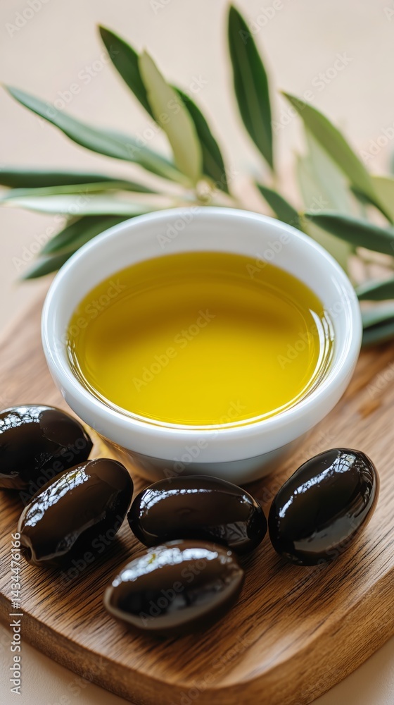 Delicious Olive Oil in a Bowl With Black Olives and Fresh Olive Leaves on a Wooden Board