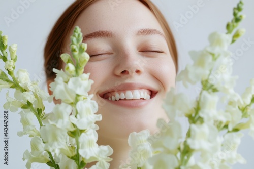 Obraz na płótnie Joyful Woman Amidst White Flowers w salonie