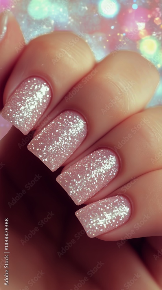 Elegant Sparkly Nail Design Showcased on a Well-Manicured Hand in Soft Lighting