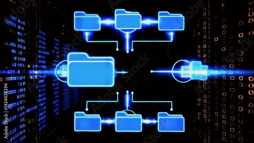 Digital Data Folder Hierarchy Concept with Glowing Blue File Network Structure Representing Cloud Storage, Information Flow, and Technology Organization