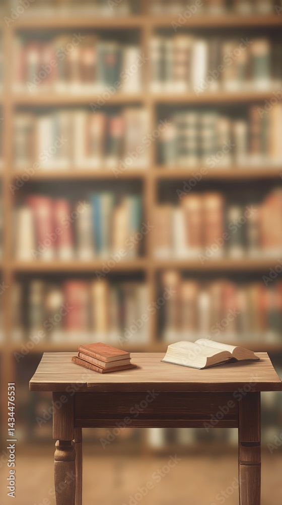 Books Scattered on a Wooden Table in a Library With Shelves Filled With Various Colored Books