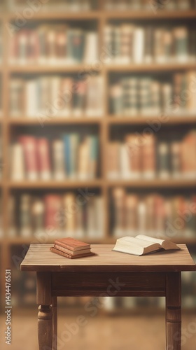 Obraz na płótnie Books Scattered on a Wooden Table in a Library With Shelves Filled With Various Colored Books w salonie