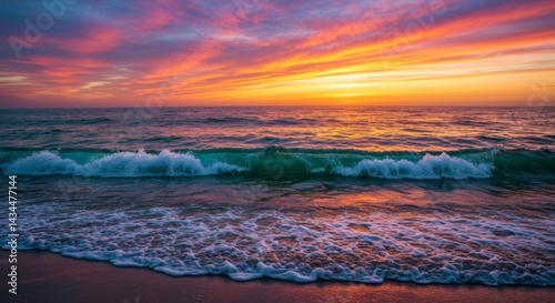 Vibrant Sunset Over Ocean Beach Waves