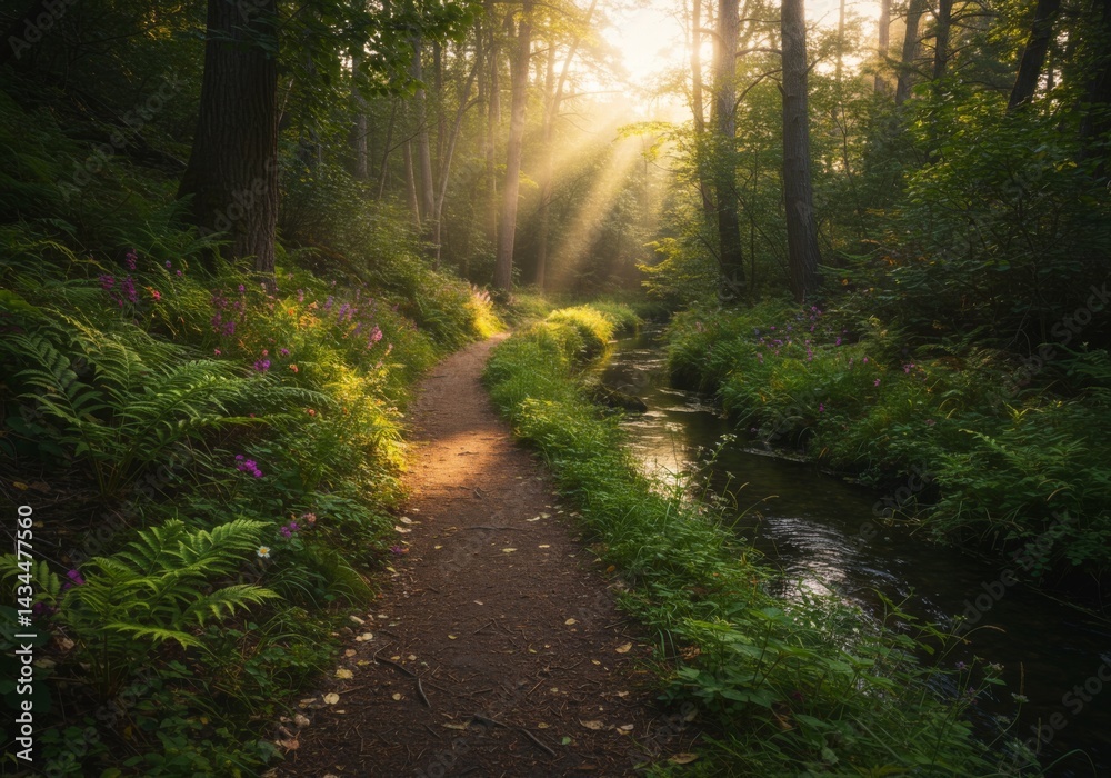 Obraz premium Sunlit Forest Path Beside a Stream