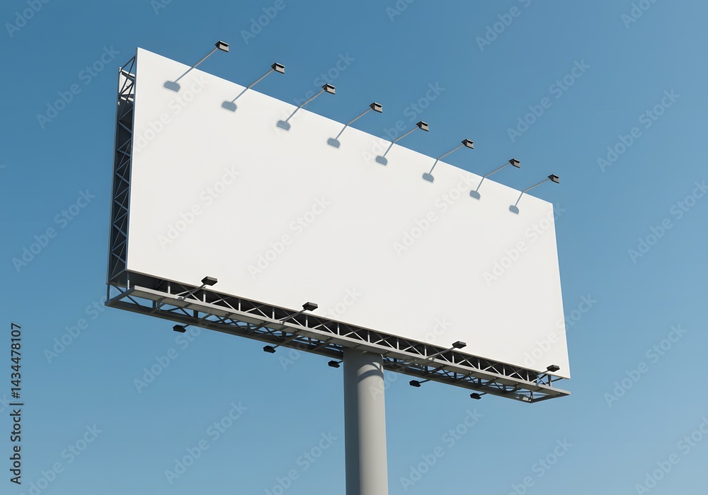 Obraz premium Blank Billboard Advertisement Mockup, Empty Signboard Against Blue Sky, Advertising Space.