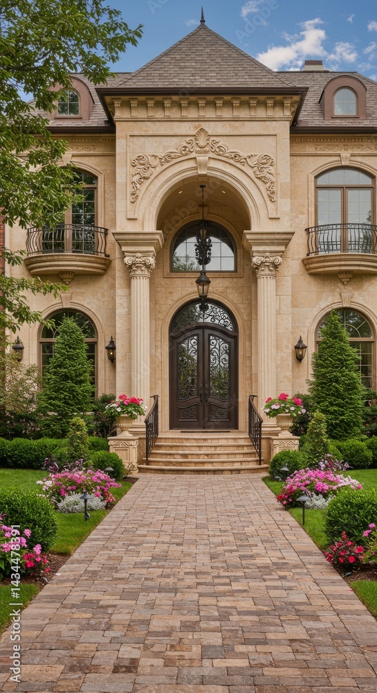 Fototapeta premium Elegant Beige Stone House with Grand Entrance