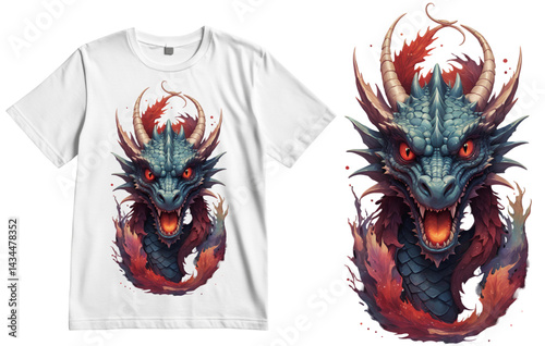 t-shirt illustration design, an evil dragon’s face, infused with dark magic and a gothic, fantasy atmosphere