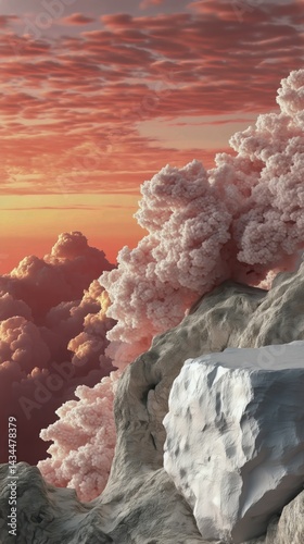 Sunset Over Rocky Cliff With Pink Clouds and Vibrant Sky at Dusk