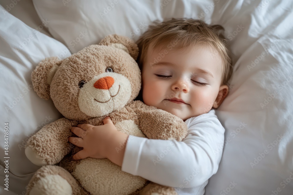Adorable baby hugging stuffed toy while resting in bed Adorable baby hugging stuffed toy while resting in bed
