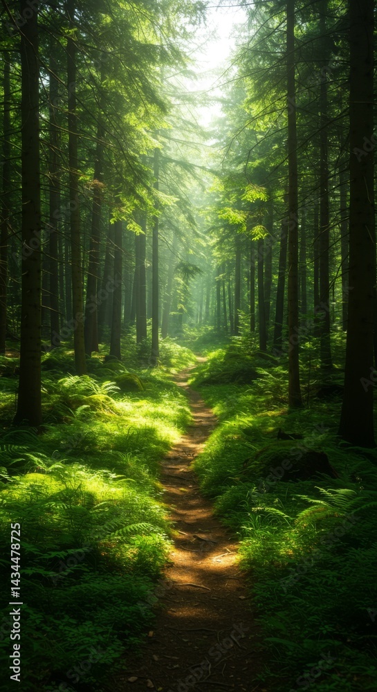 Fototapeta premium Sunlit Forest Path: Lush Green Trees and a Tranquil Trail