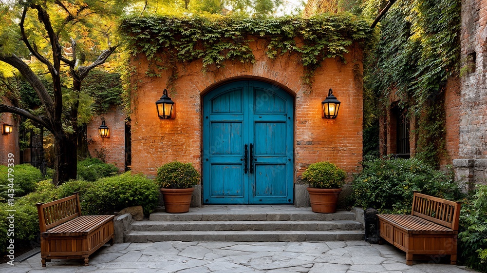 Naklejka premium Turquoise door beckons in brick courtyard