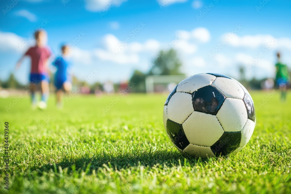 Fototapeta premium Children playing soccer with energy on sunny grass field