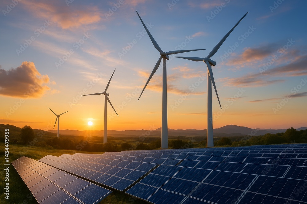 Wind Turbines and Solar Panels Generate Renewable Energy at Sunset in a Rural Landscape