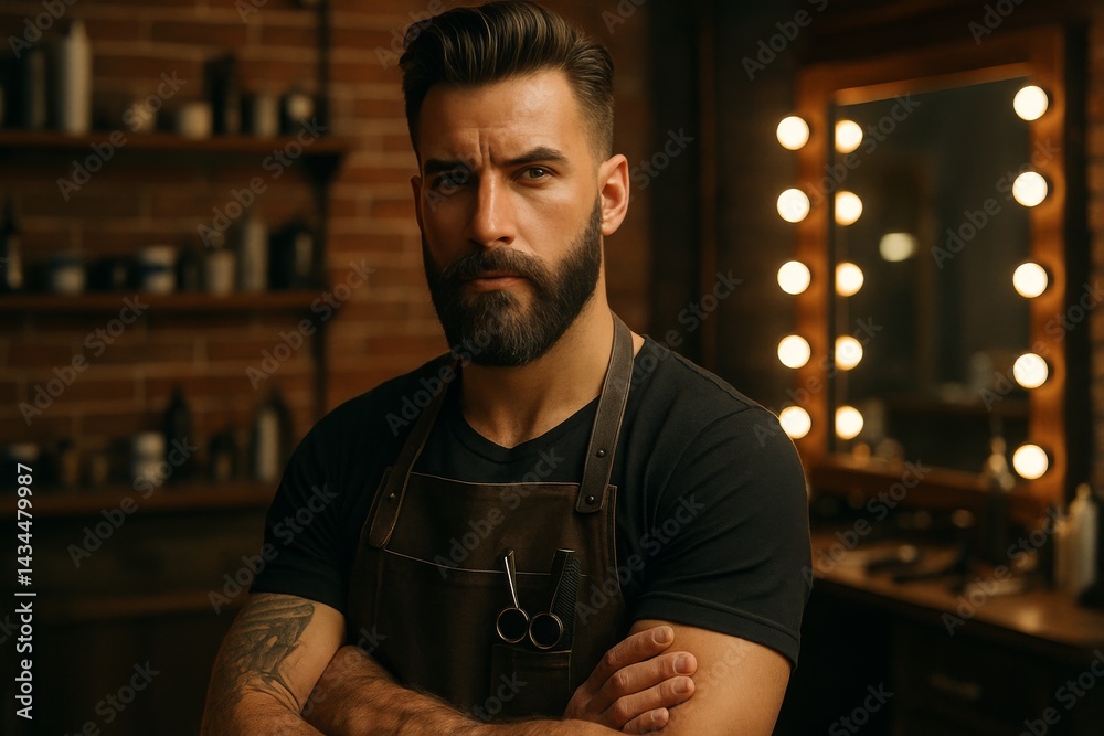 Skilled Barber in Modern Salon Showcasing Grooming Tools and Style Expertise During Evening Hours
