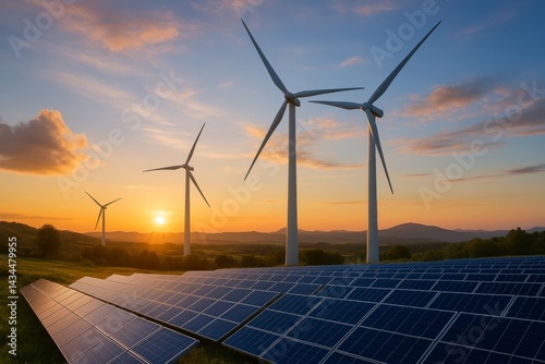 Obraz na płótnie Wind Turbines and Solar Panels Generate Renewable Energy at Sunset in a Rural Landscape w salonie