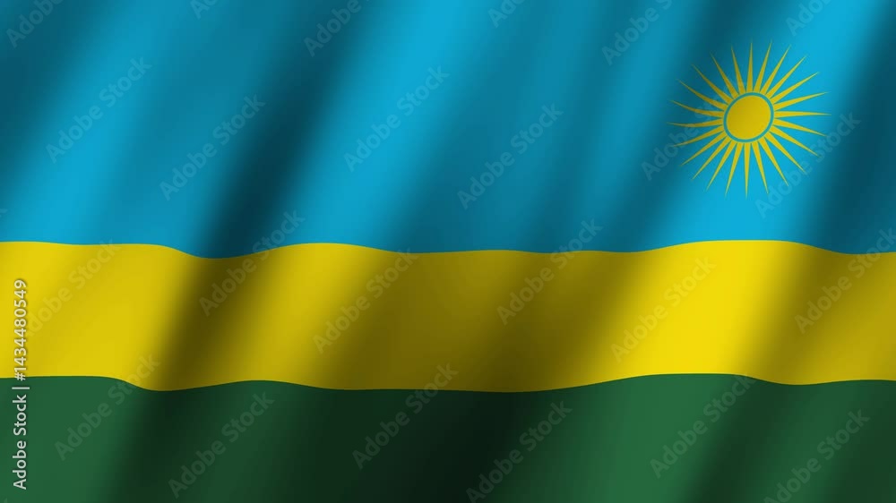 Rwandan flag waving against the backdrop of a clear sky in a vibrant setting