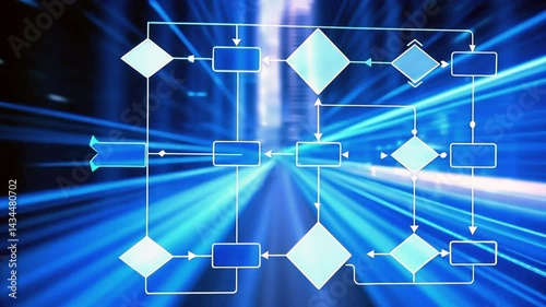 Digital Workflow Automation Concept with Glowing Flowchart Elements on Futuristic Blue Background Representing Business Process, Technology, and Efficiency
