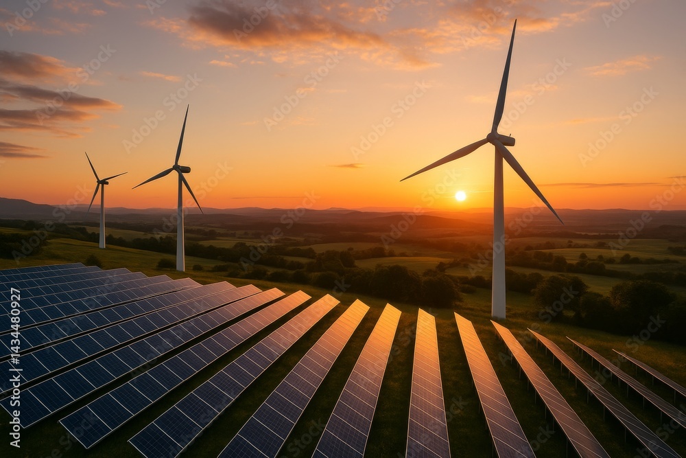 Renewable Energy Landscape at Sunset With Wind Turbines and Solar Panels in Harmony