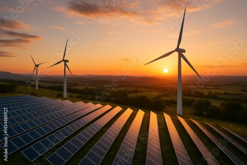 Obraz na płótnie Renewable Energy Landscape at Sunset With Wind Turbines and Solar Panels in Harmony w salonie