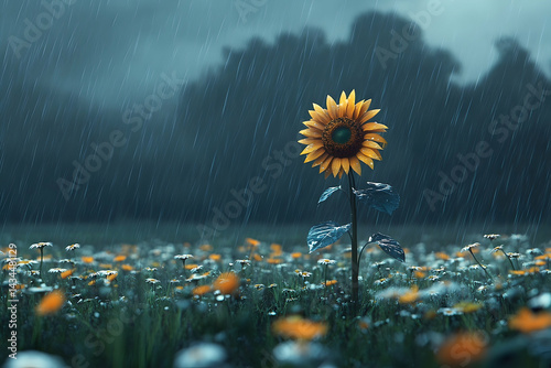 A single sunflower stands tall amidst a field of wildflowers during a summer rain. photo