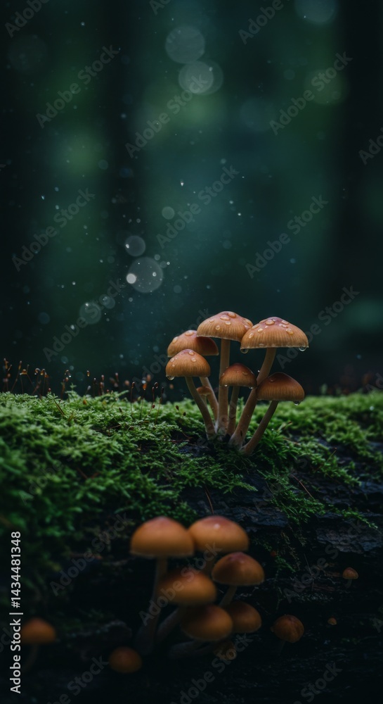 Fototapeta premium Cluster of Brown Mushrooms on Mossy Log in Dark Forest