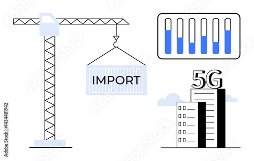 Crane lifting an import container, chart with bar data, and 5G-enabled building. Ideal for trade, global commerce, technology, 5G networks, logistics, data analytics simple landing page