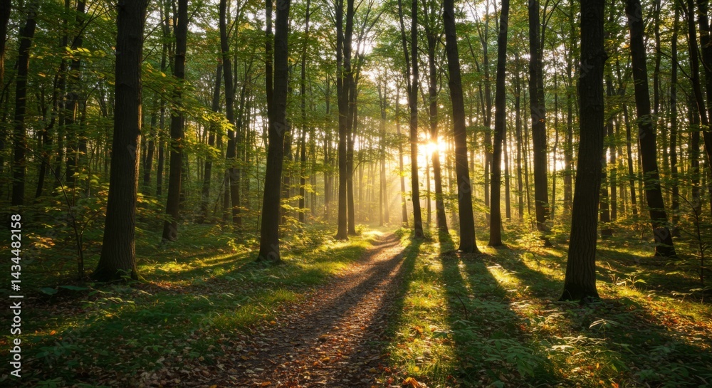 Obraz premium Sunlit Forest Path at Golden Hour