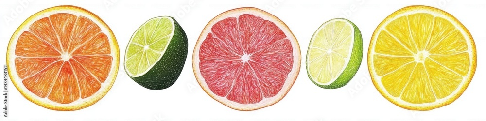A close-up illustration of four citrus fruits an orange, a lime, a grapefruit, and a lemon A close-up illustration of four citrus fruits an orange, a lime, a grapefruit, and a lemon