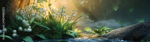 Gentle springtime blossoms by a tranquil stream.