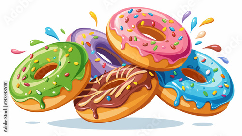 Fresh sweet donuts in motion with multicolored fruit glaze and sprinkles decorated. Fast sweet food concept, bakery ad design elements with glazed frosted falling doughnuts isolated, white 
 backgroun