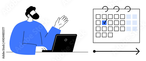 Man using laptop to wave, next to a calendar with a marked date and progress arrow. Ideal for planning, scheduling, time management, productivity, remote work, goal-setting organization. Flat simple