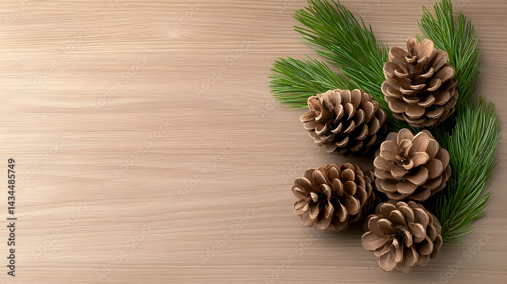 Fototapeta premium Rustic Pinecone Garland on Wooden Table Festive Decoration