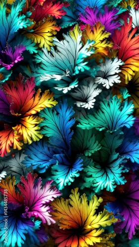 Animation of vibrant and abstract close-up of colorful, textured leaves in a dense, artistic arrangement