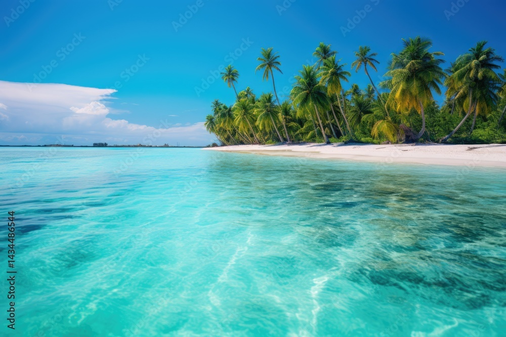 Fototapeta premium Tranquil turquoise water laps a pristine white sand beach fringed by lush palm trees under a vibrant blue sky.