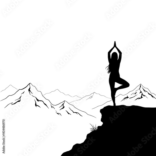 Woman Yoga Tree Pose on Mountain Ledge Silhouette Vector for Wellness