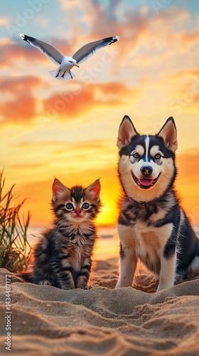 Manx kitten and Malamute puppy on sandy beach at twilight