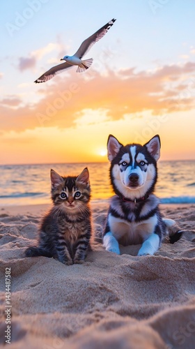 Manx kitten and Malamute puppy on sandy beach at evening sky