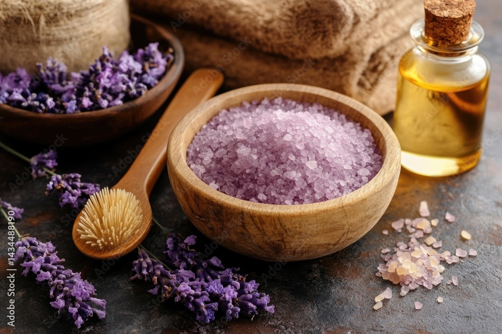 Spa setting with lavender, bath salts, essential oil, and massage brush. Spa setting with lavender, bath salts, essential oil, and massage brush.