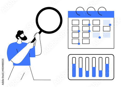 Figure holding magnifying glass examining calendar with highlighted tasks and bar graph. Ideal for planning, organization, management, analytics, productivity, workflow, simple landing page