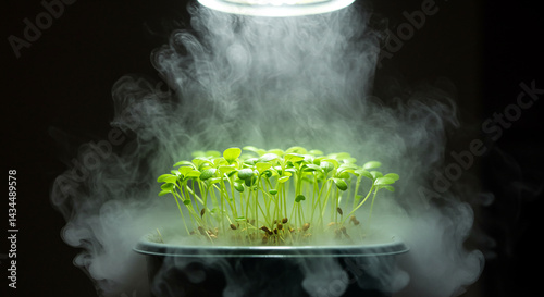 A close up of green sprouts under a bright light surrounded by vapor on a black background studio shot selling, purchasing,$, agreement photo