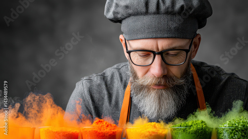 Chef combines culinary skills with chemistry in a modern kitchen using laboratory techniques for colorful food transformations