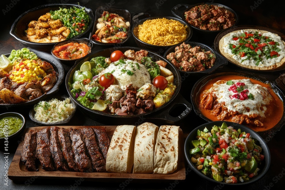 A delicious spread of diverse cuisines, featuring grilled meats, vibrant salads, flavorful sauces, and warm tortillas. A delicious spread of diverse cuisines, featuring grilled meats, vibrant salads, flavorful sauces, and warm tortillas.