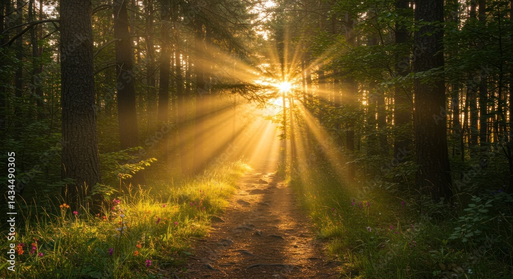 Fototapeta premium Sunlight shines through trees in a forest illuminating a path.