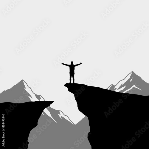 Hiker Arms Open on Mountain Cliff Peak Silhouette Vector for Success
